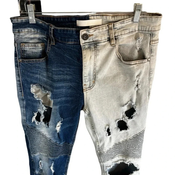 KDNK 11 4 14 11 TRASHED Destroyed Contrast Ribbed Moto Jeans Size 34 - Picture 2 of 11